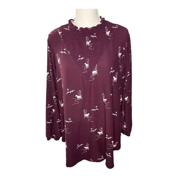 Lularoe Women’s Large Burgundy Clara Smocked Blouse With Retriever Dog Duck Bird - Picture 4 of 5
